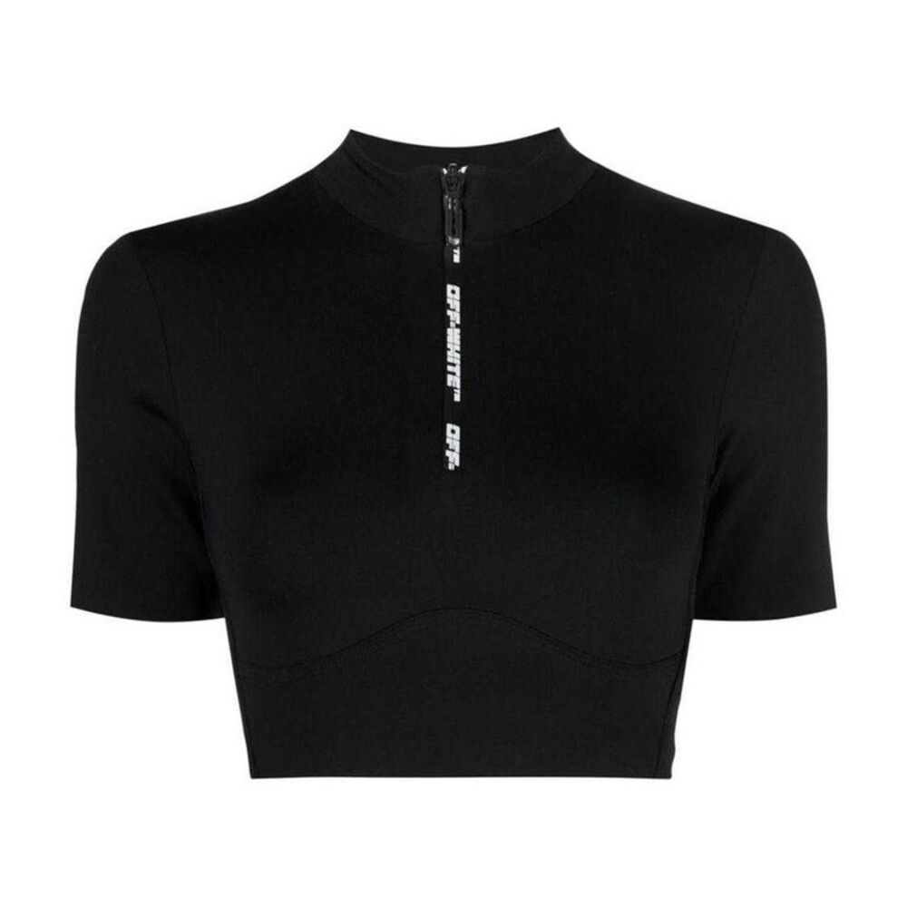 Off-White Womens/Ladies Logo Half Zip Crop T-Shirt / Black